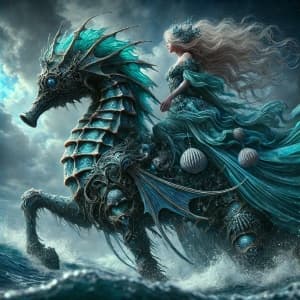 Mystical Woman Rides a Majestic Seahorse-Like Creature