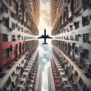 Airplane Flying Between Two Tall Urban Buildings