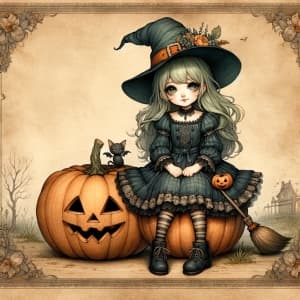 Whimsical Young Witch Sitting on a Pumpkin