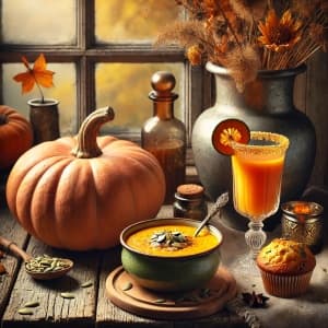 Creamy Pumpkin Soup Garnished With Seeds And Spices