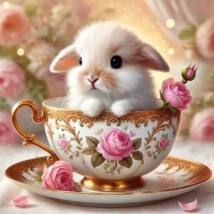 Adorable Bunny Sitting in a Decorated Teacup