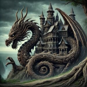 Majestic Wooden Dragon Coils Around A Medieval Castle