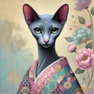 Elegant Cat in a Floral Kimono