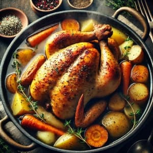 Whole Roasted Chicken in a Rustic Broth