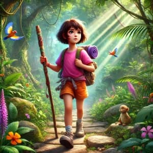 Adventurous Girl Walking Through The Jungle