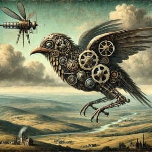 Flight of a Mechanical Bird Over a Vast Landscape