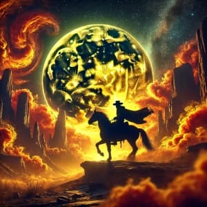 Cowboy On Horseback Silhouetted Against A Massive Glowing Moon