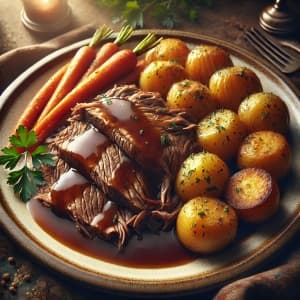 Traditional Roast Beef Dinner with Potatoes and Carrots