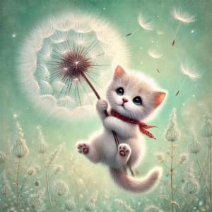 Joyful Kitten Floats Above The Meadow Holding A Dandelion Puff