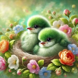 Serene Garden Sanctuary with Fluffy Green Chicks