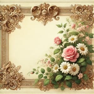 Golden Ornate Frame Encases A Delicate Arrangement Of Pink Roses And White Daisies