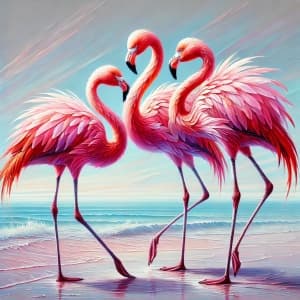 Three Graceful Flamingos Stand On A Serene Beach