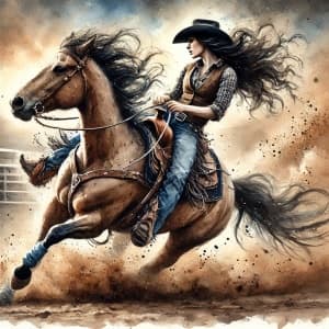 Cowgirl In Full Speed, Turning Her Horse Dramatically In A Cloud Of Dust