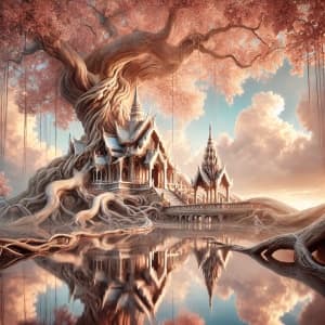 Majestic Temple Grows Harmoniously Within The Twisting Roots Of An Ancient Tree