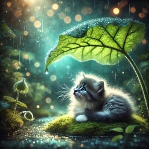 Cute Kitten Sheltered Under a Leaf in the Rain