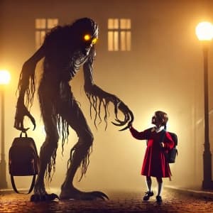 Monstrous Creature Gently Leads A Young Girl To School