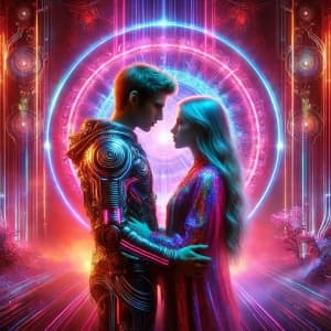 Futuristic Couple Shares An Intimate Moment Under Neon Lights