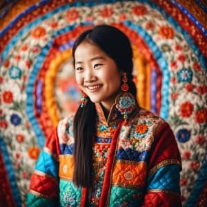 Portrait of a Beautiful Mongolian Girl in a Quilted Costume