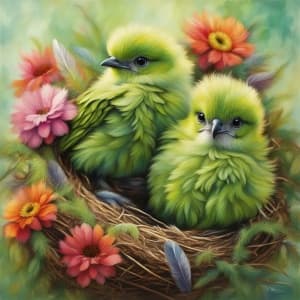 Baby Green Birds in the Nest