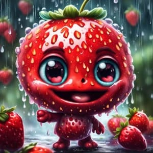 Adorable Portrait of Chibi Strawberry Singing in the Rain