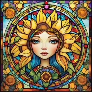 Goddess of Sunflowers Illuminated in Stained Glass