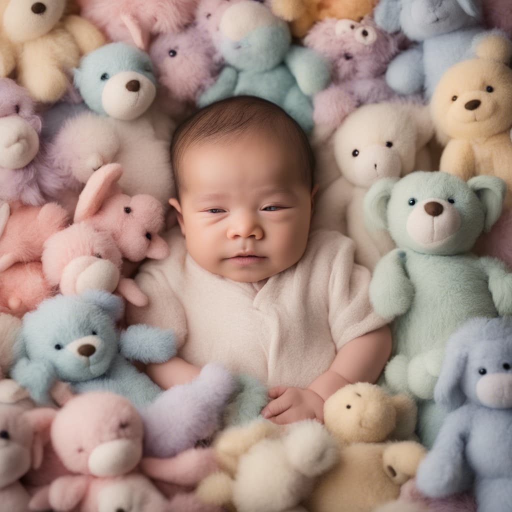 photo newborn stunning portrait colorful pastel bright detailed surrounded by plush toys