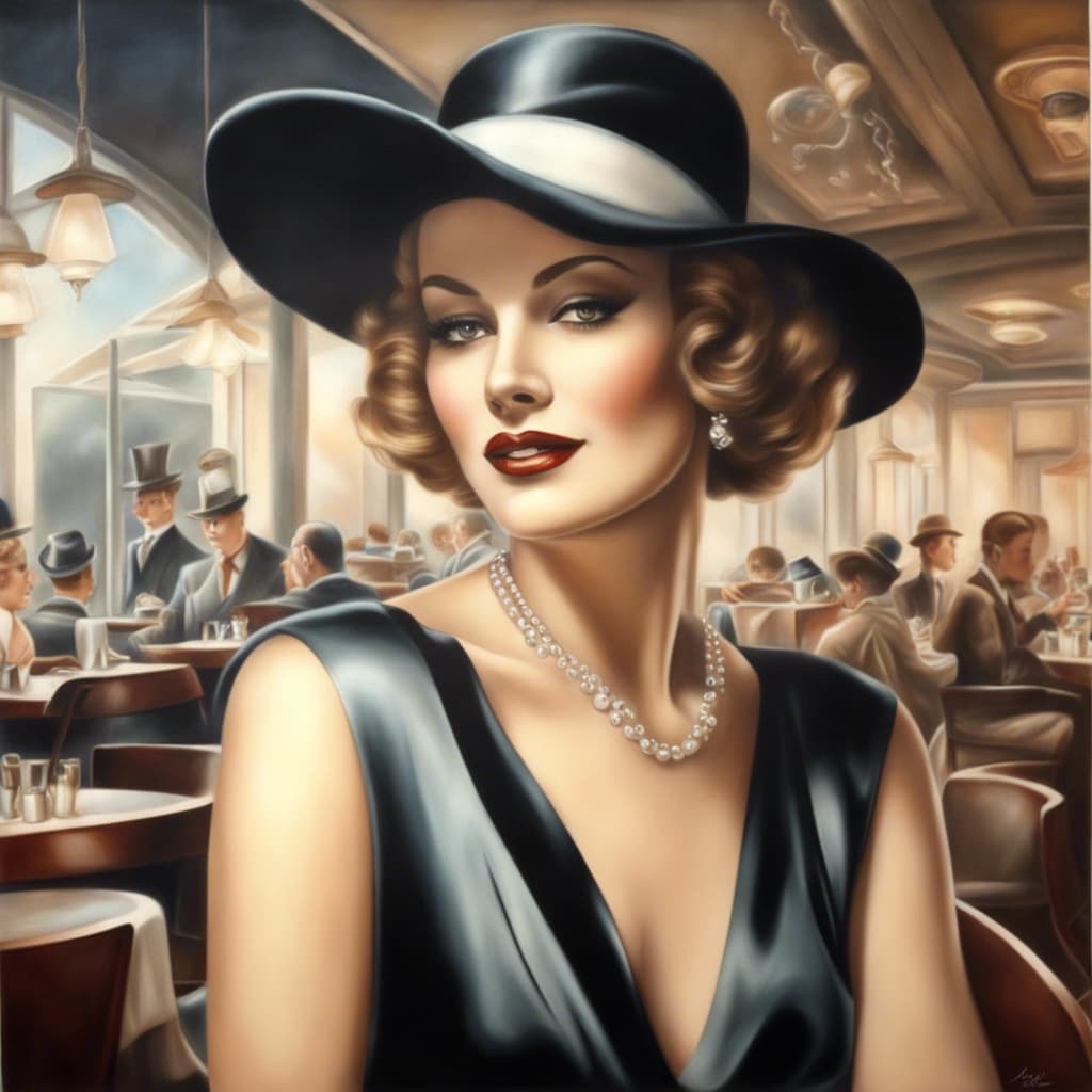 Art Deco, airbrush, portrait of fashionable lady with hat in restaurant