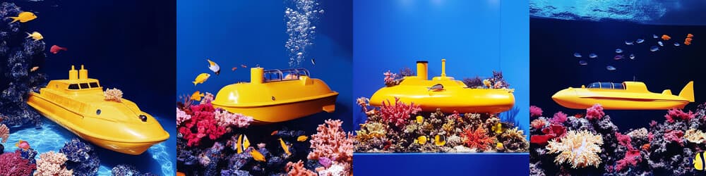 yellow submarine, underwater, coral reef, fish --sref 2660650608